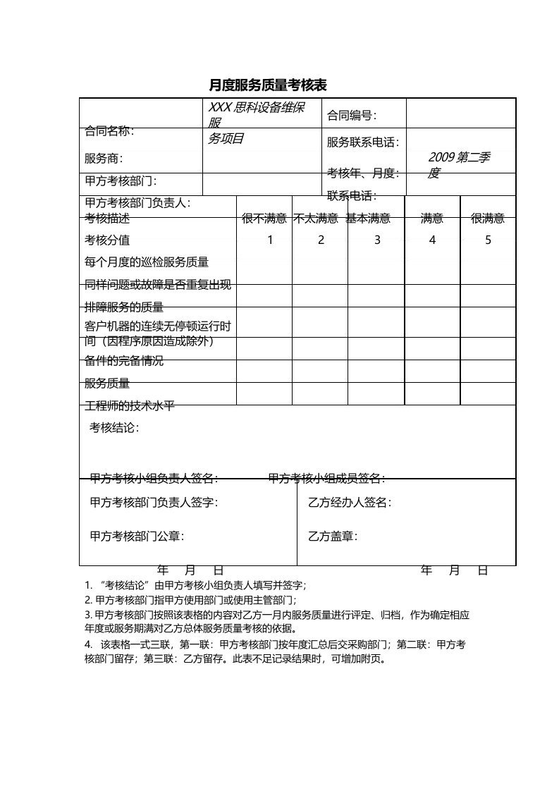 月度服务质量考核表