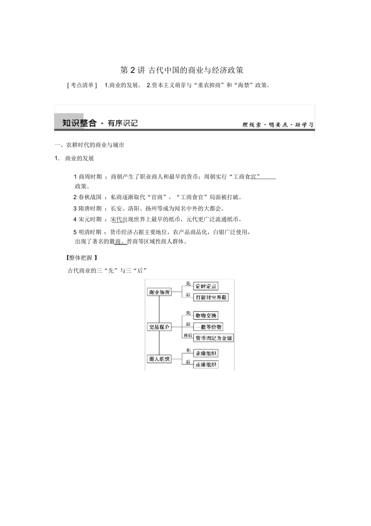 高三历史一轮复习讲义：第2讲古代中国的商业与经济政策(人教版必修2)