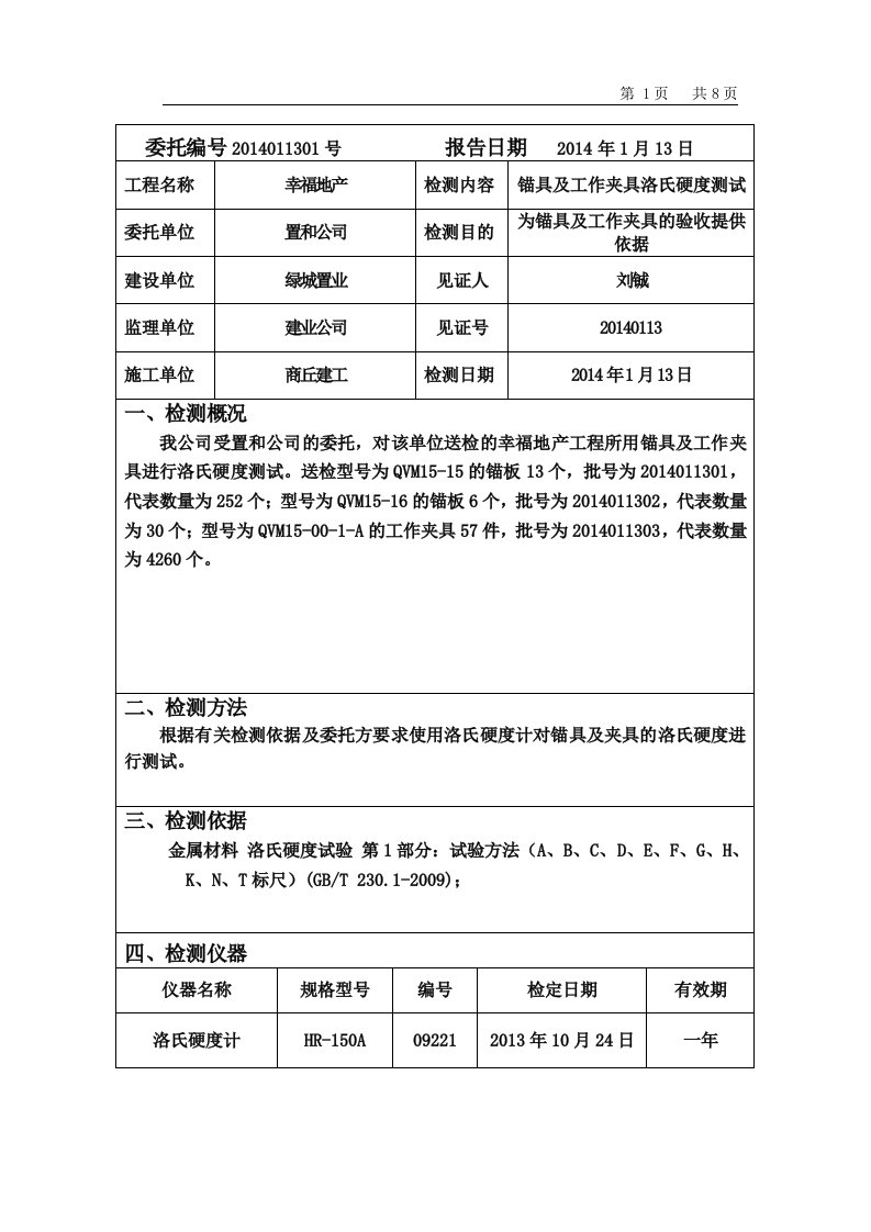 锚具、工作夹片硬度检测报告