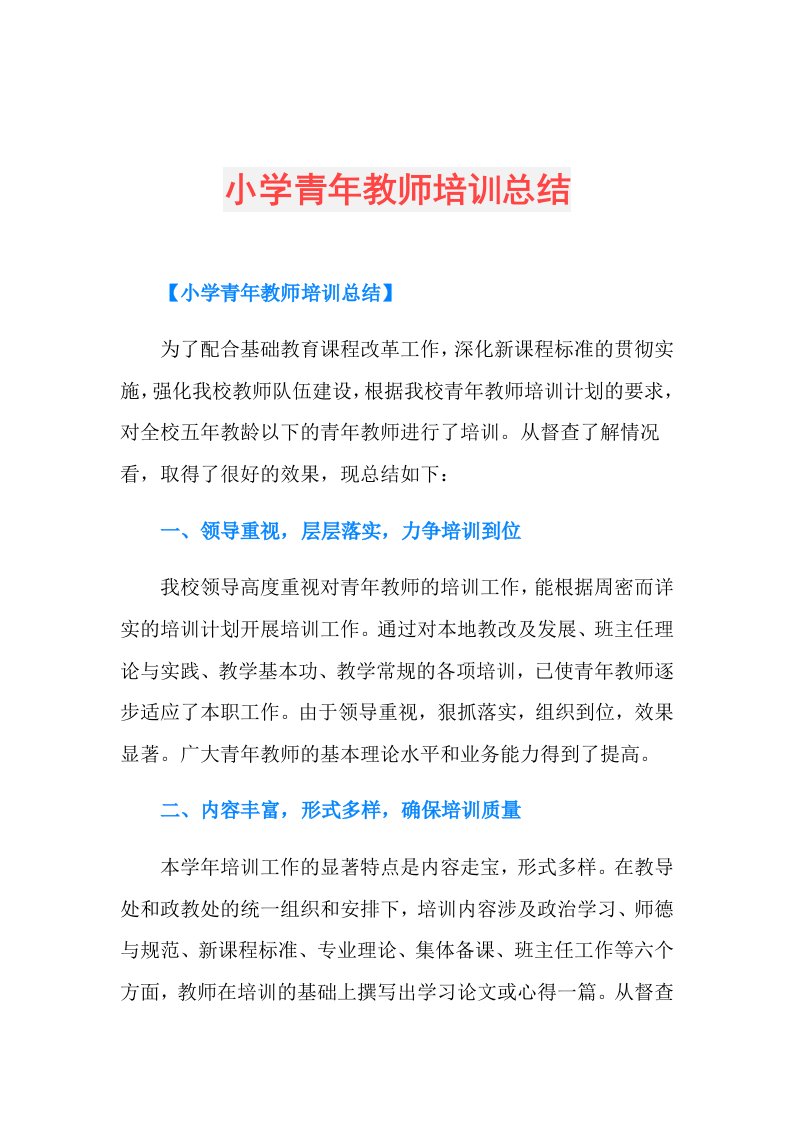 小学青年教师培训总结