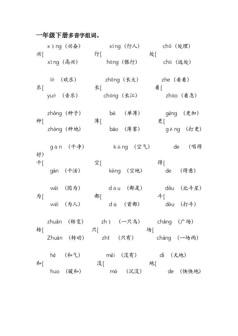 一年级下册多音字、形近字、同音字组词