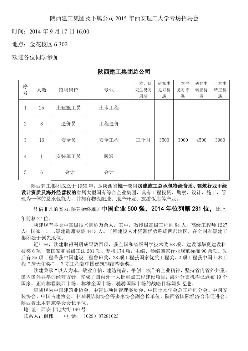 最新全新-陕西建工集团及下属公司2015年西安理工大学专场招聘会