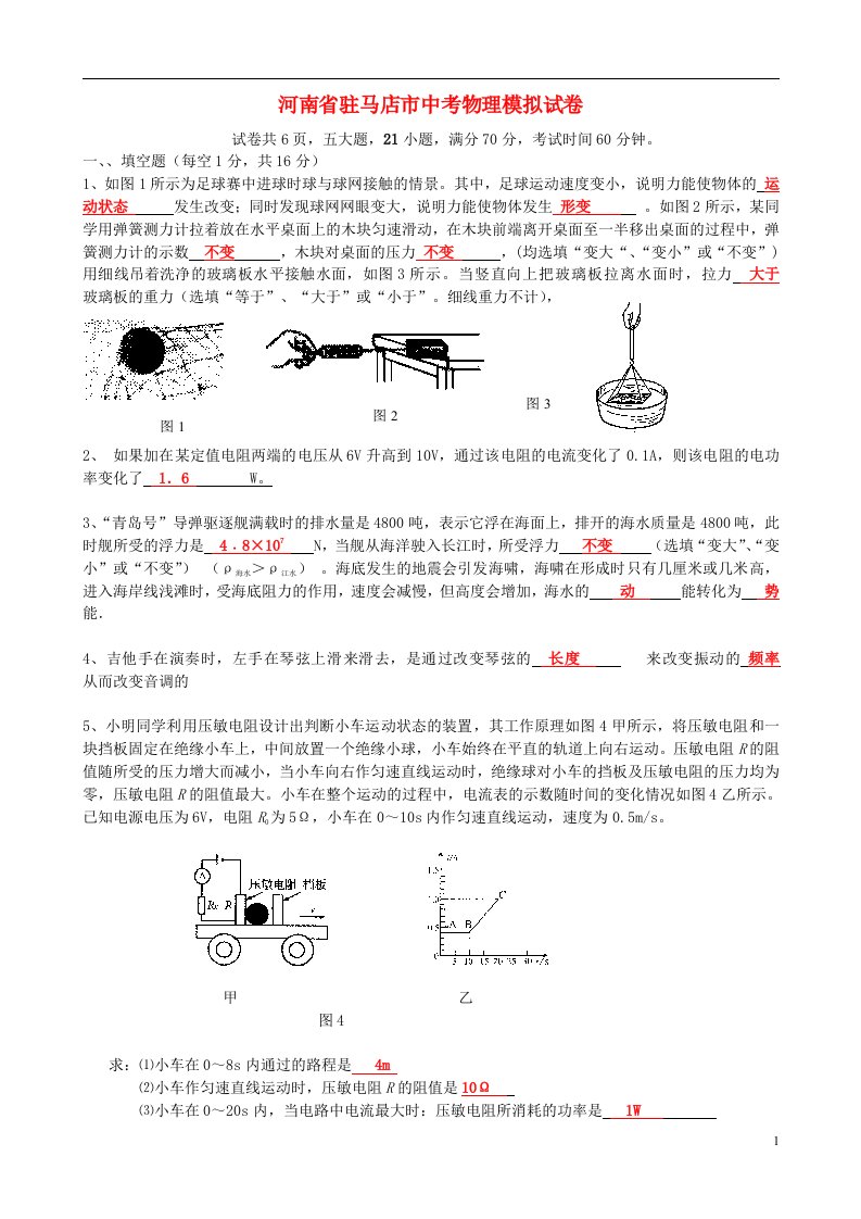 河南省驻马店市中考物理模拟试题