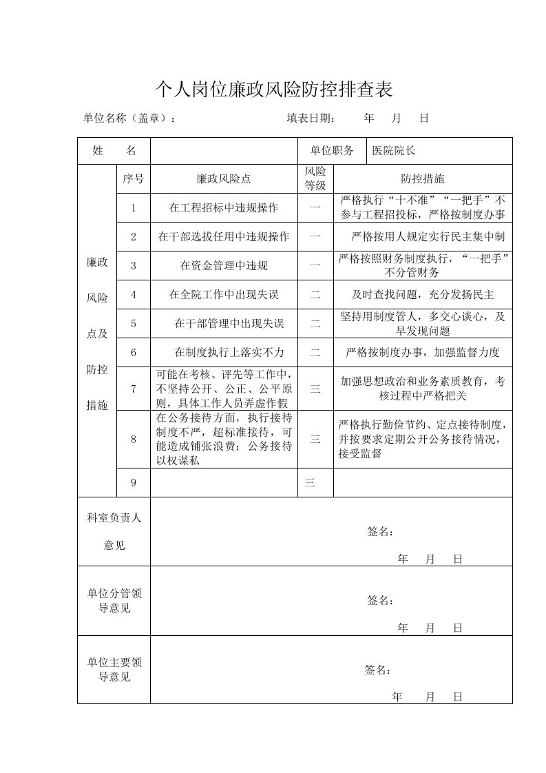 个人岗位廉政风险防控登记表