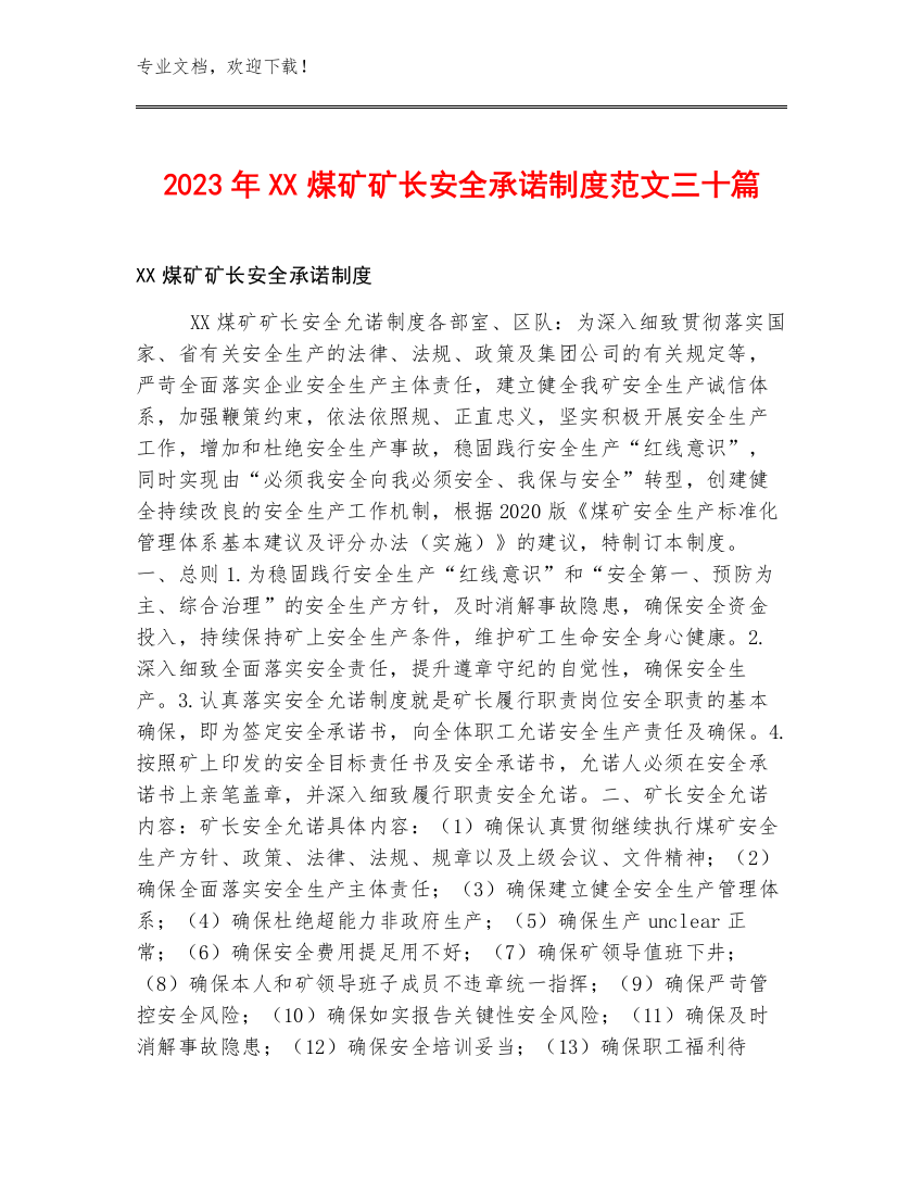 2023年XX煤矿矿长安全承诺制度范文三十篇