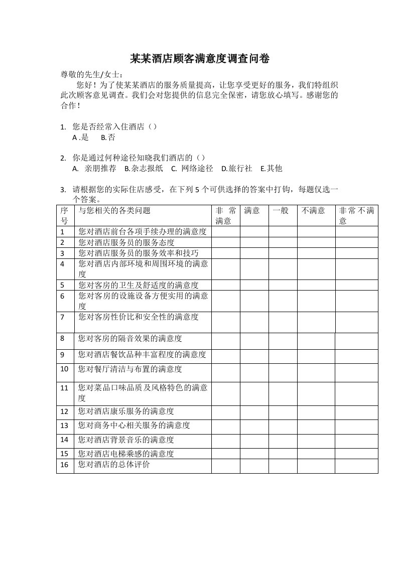 某某酒店顾客满意度调查问卷