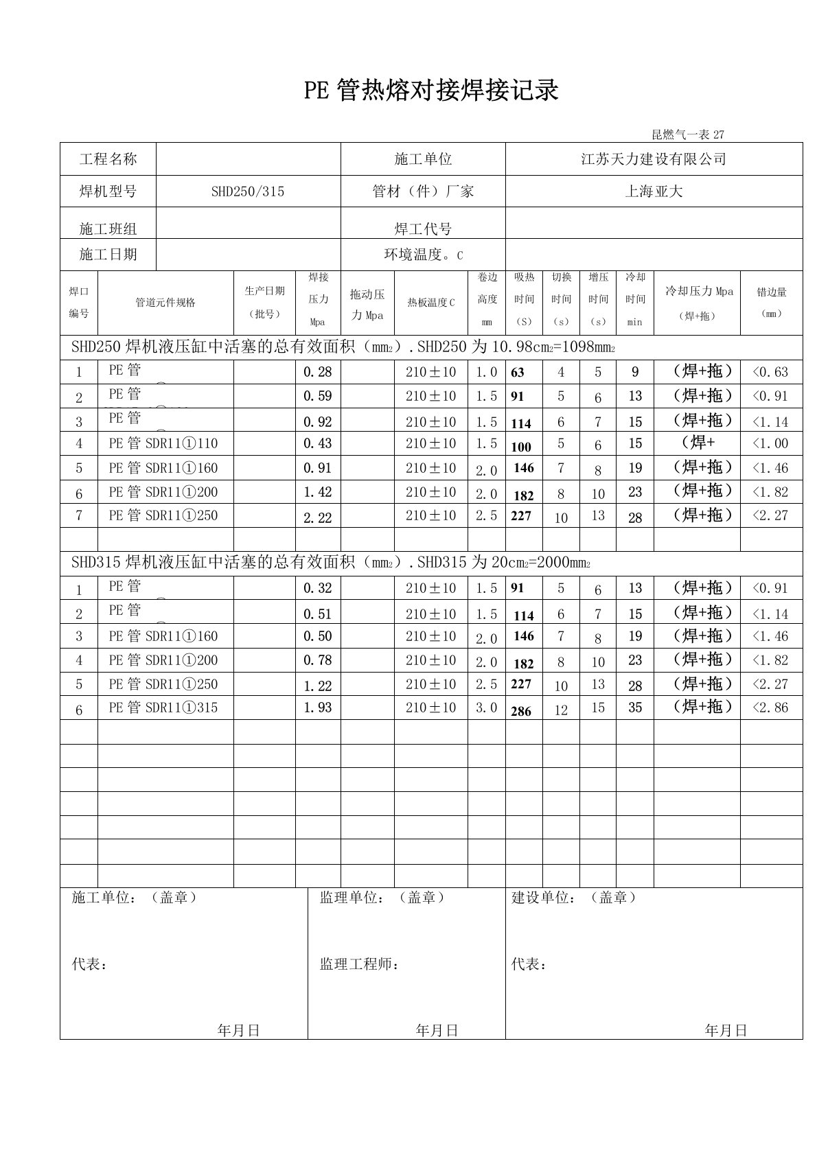 PE管热熔焊接记录(标准)