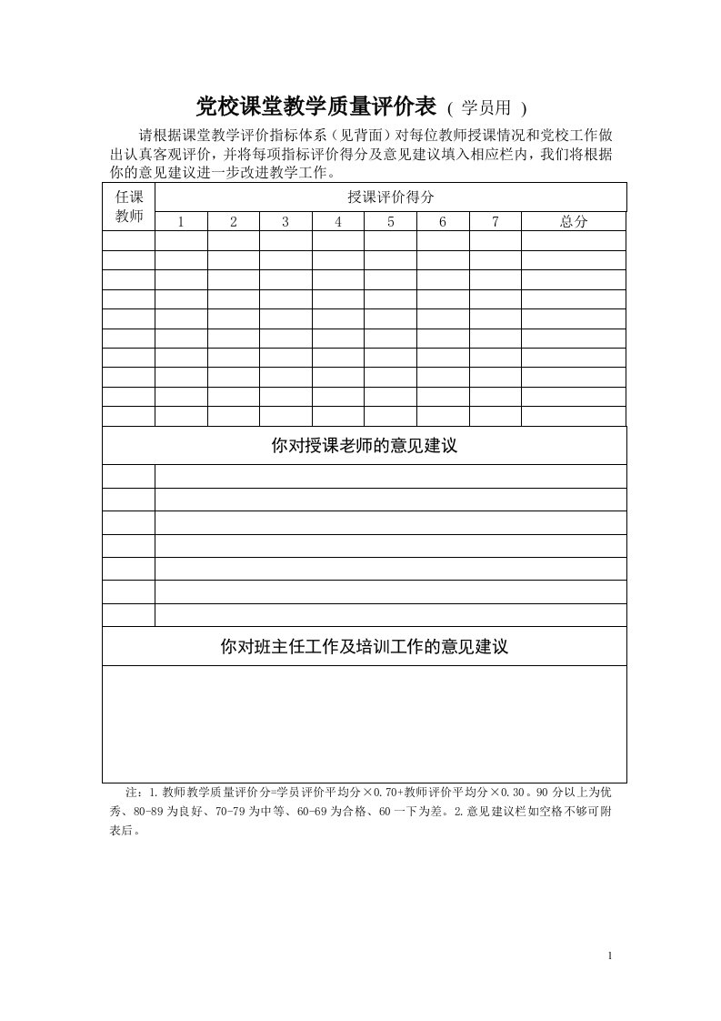 党校课堂教学质量评价表