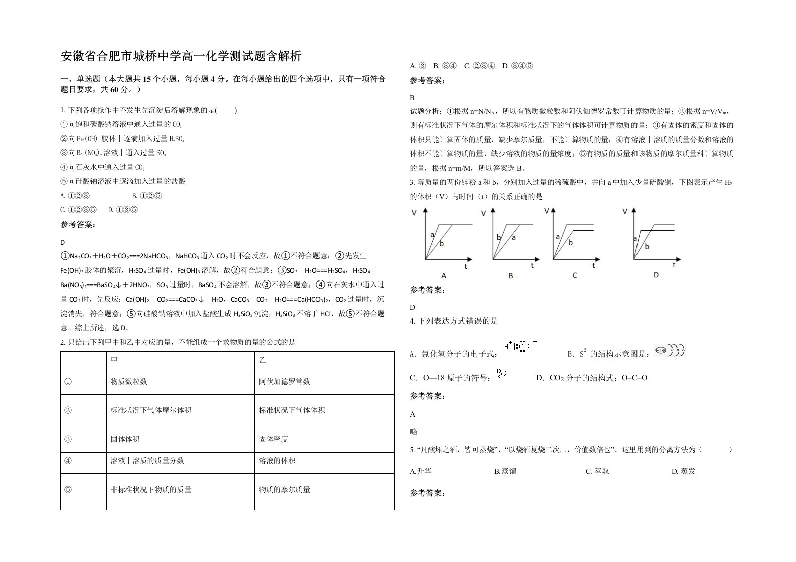 安徽省合肥市城桥中学高一化学测试题含解析