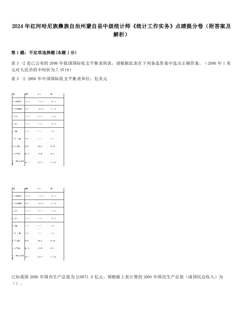 2024年红河哈尼族彝族自治州蒙自县中级统计师《统计工作实务》点睛提分卷（附答案及解析）