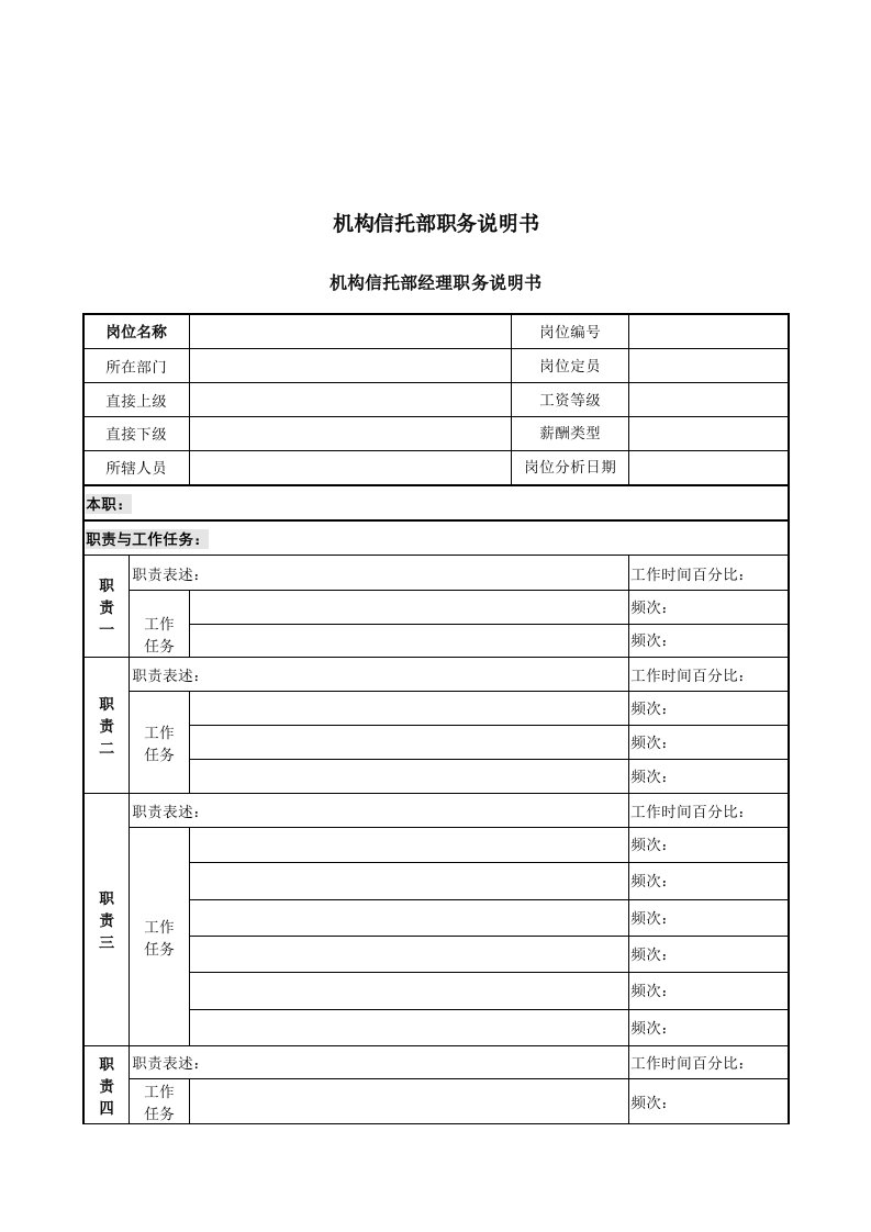 机构信托部经理岗位说明书