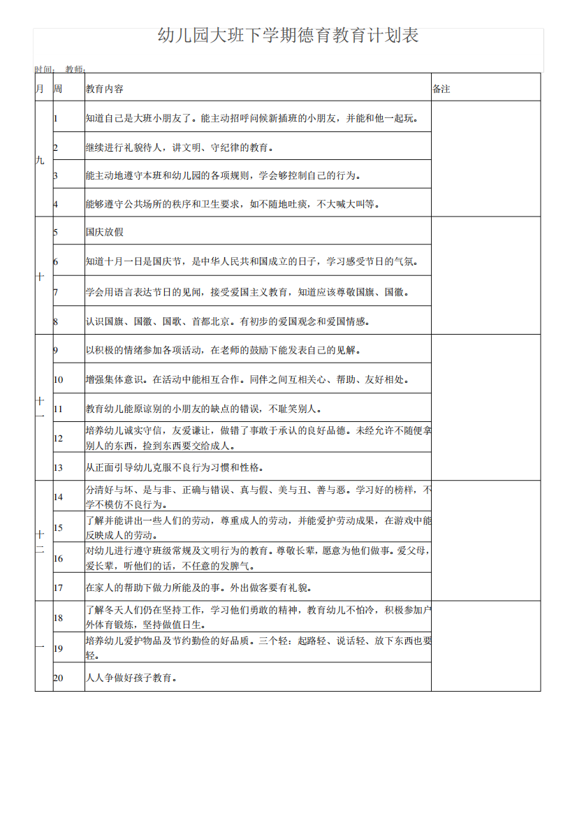 幼儿园大班下学期德育教育计划表