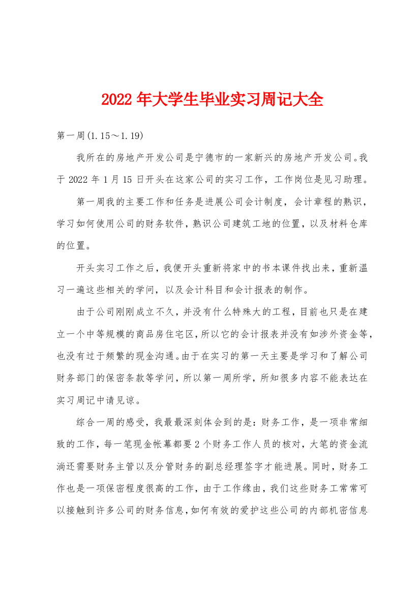 2022年大学生毕业实习周记大全