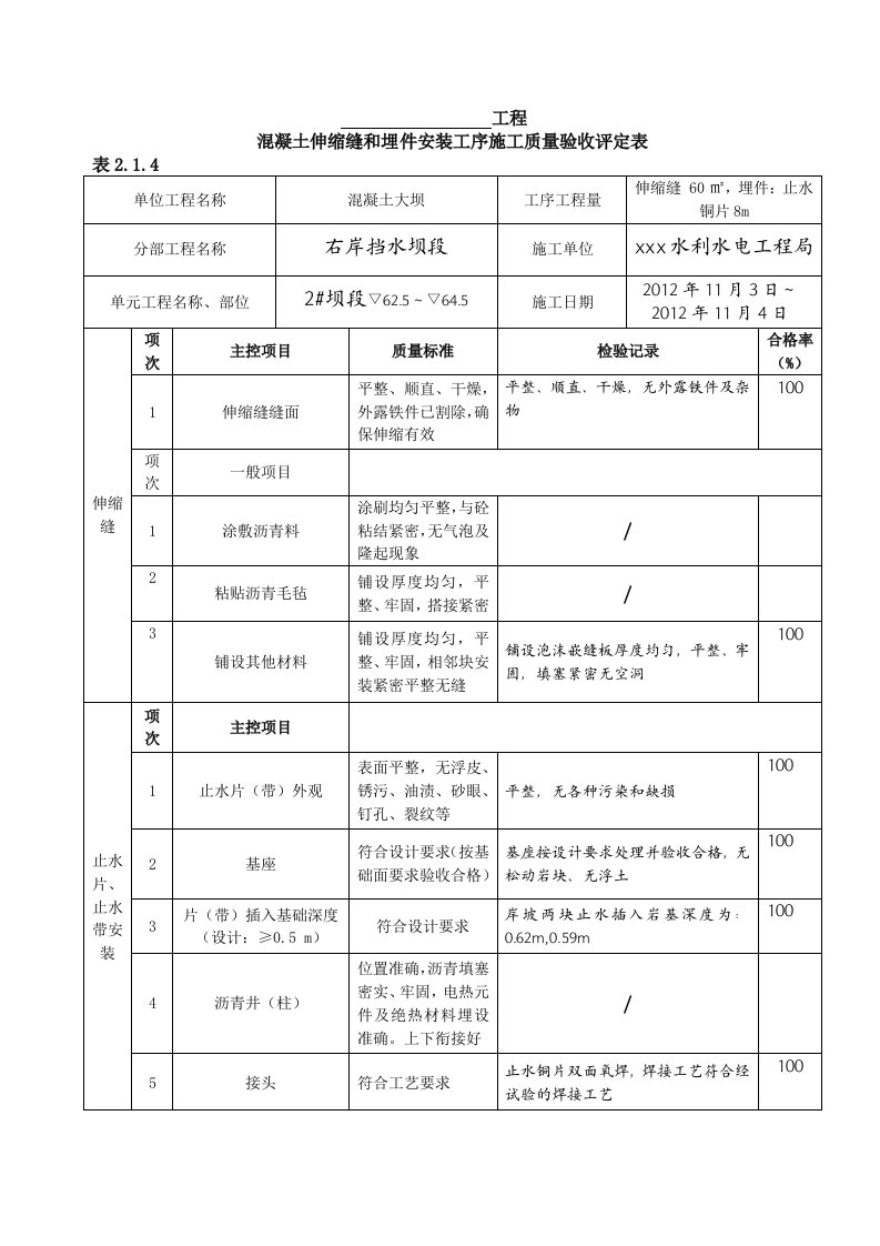 表2.1.4混凝土伸缩缝和埋件安装工序施工质量验收评定表(例表)