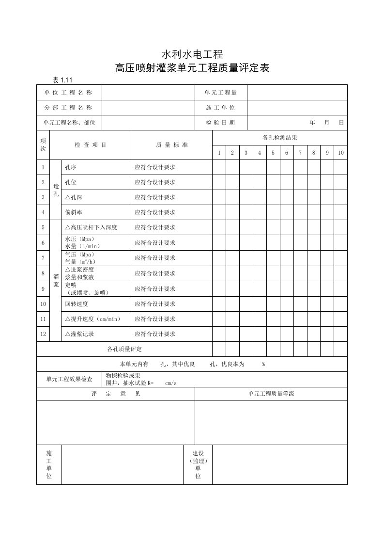 高压喷射灌浆单元工程质量评定表