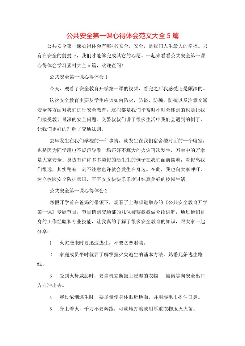 精选公共安全第一课心得体会范文大全5篇