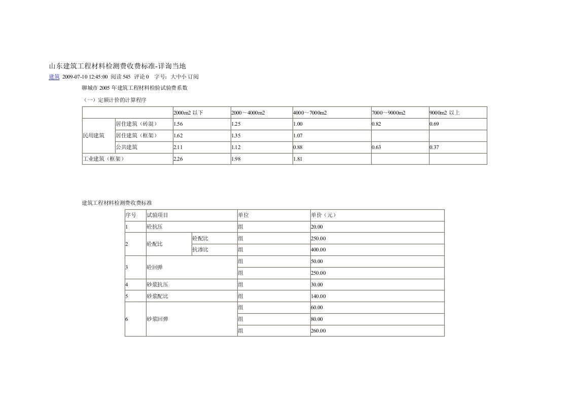 山东建筑工程材料检测费收费标准