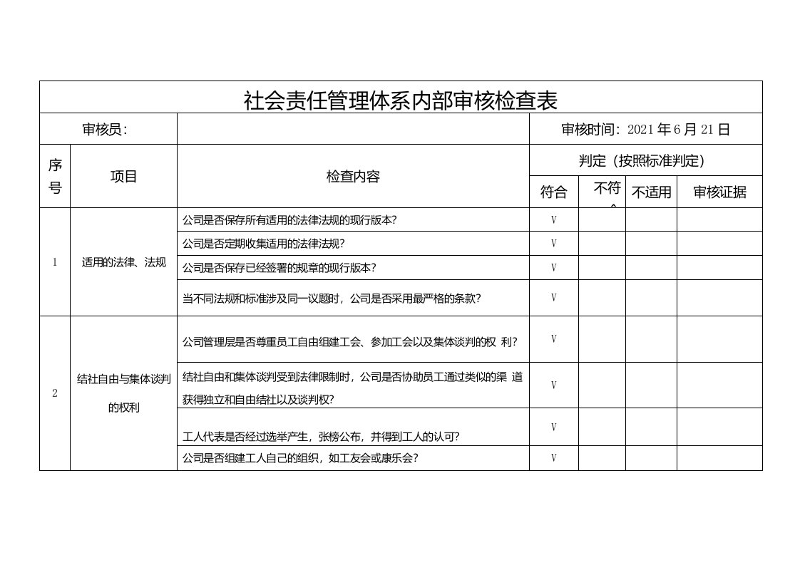 社会责任管理体系内部审核检查表