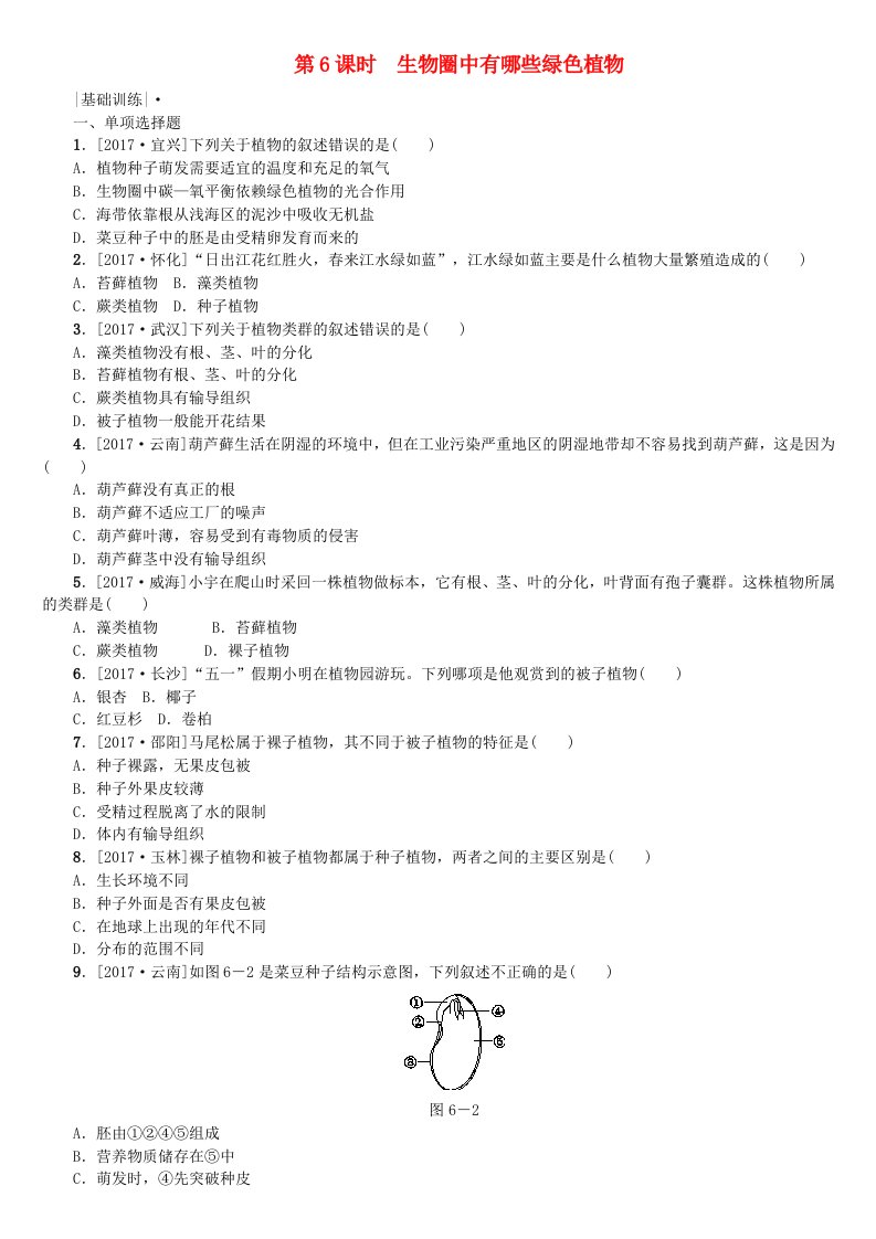 2022年中考生物第三单元生物圈中的绿色植物第6课时生物圈中有哪些绿色植物课时作业