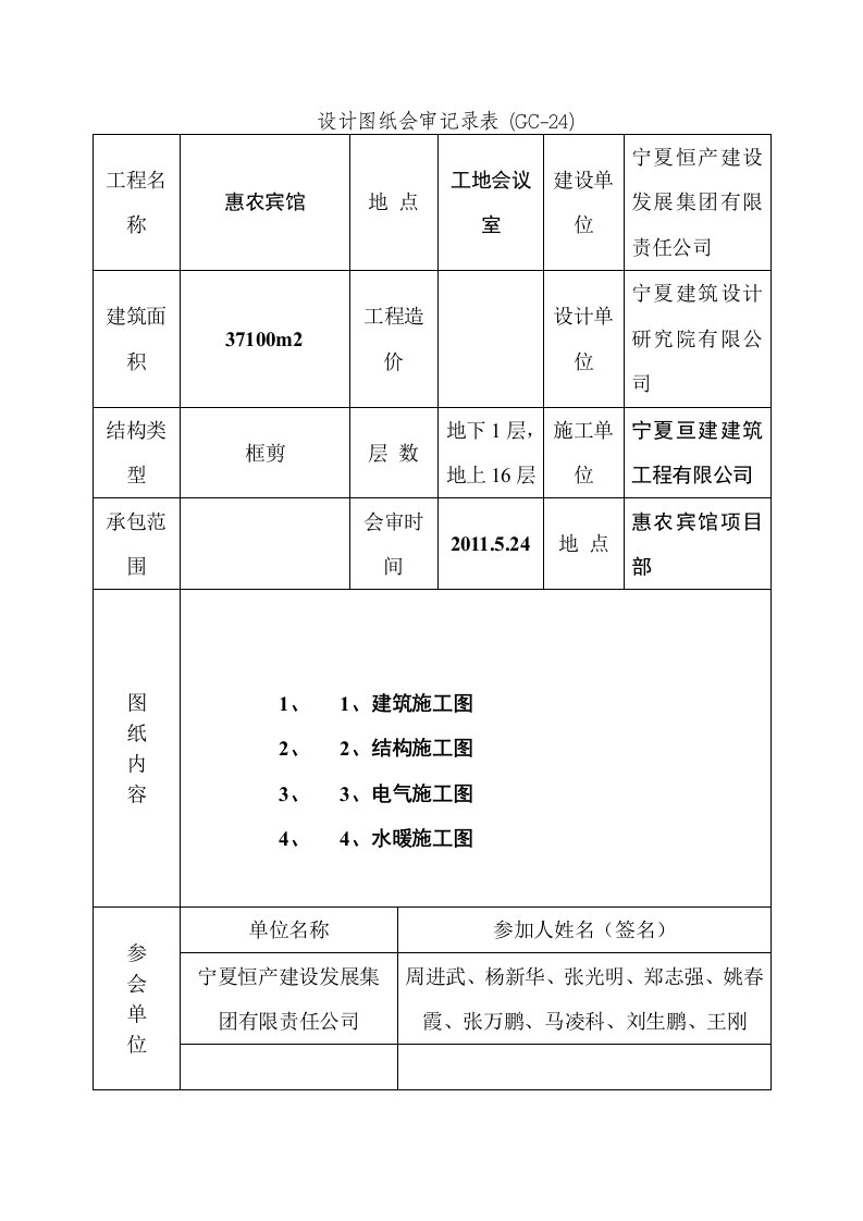 宁夏某宾馆项目设计图纸会审记录表