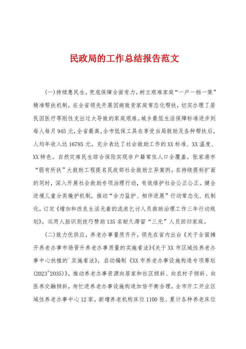 民政局的工作总结报告范文