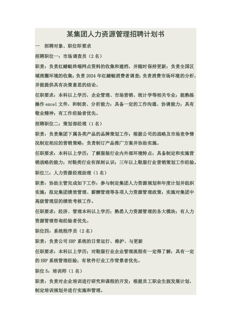 集人力资源管理招聘计划书