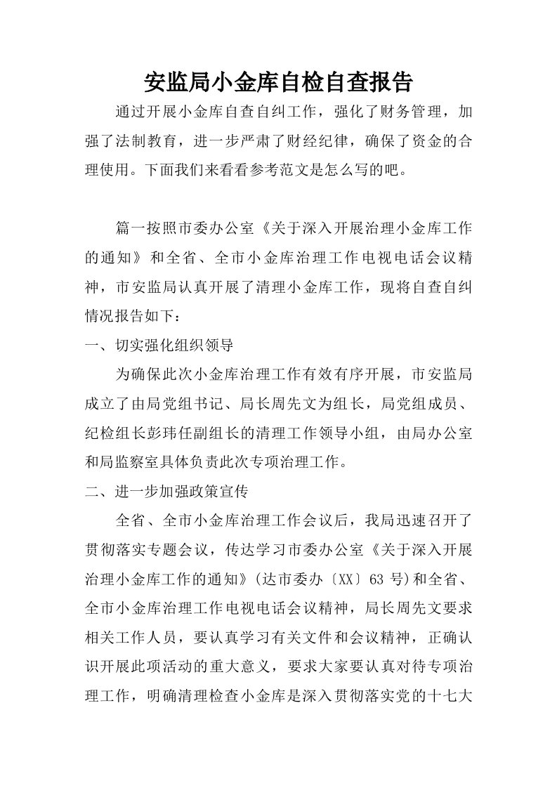 安监局小金库自检自查报告.doc