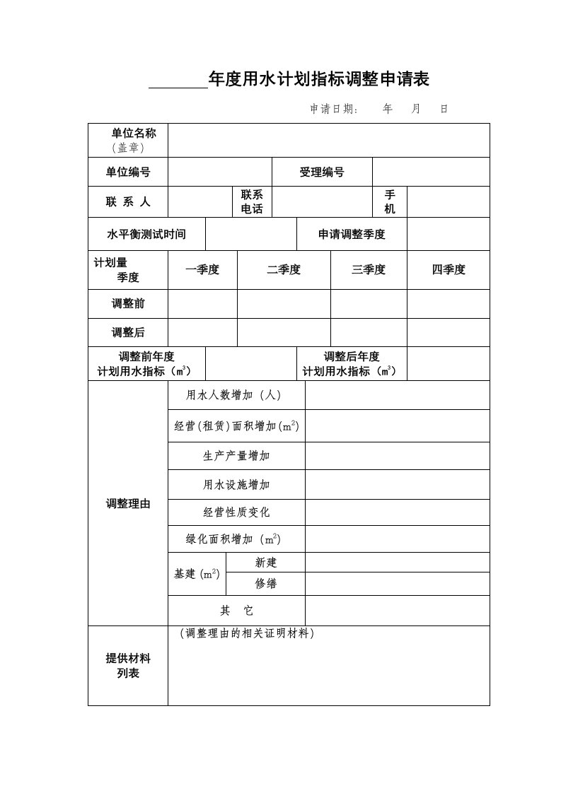 用水计划指标调整申请表