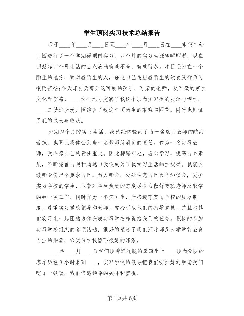 学生顶岗实习技术总结报告（2篇）