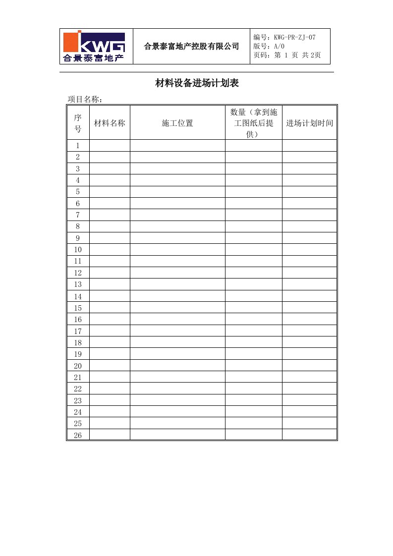 7－材料设备进场计划表KWG-PR-ZJ-07