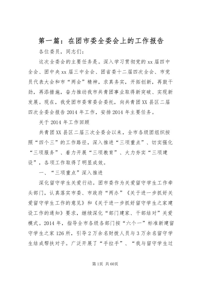 2022第一篇在团市委全委会上的工作报告