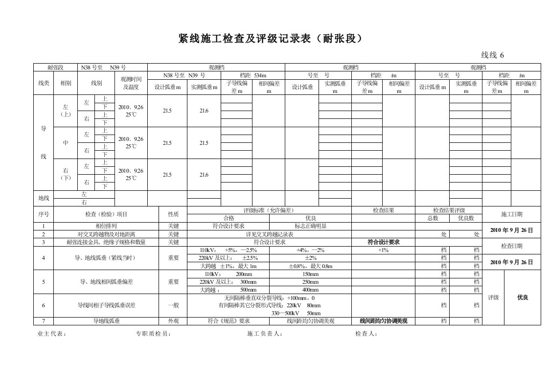 紧线施工检查及其评级记录表(耐张段,线线6)