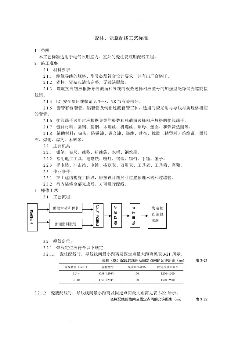 瓷柱、瓷瓶配线工艺标准