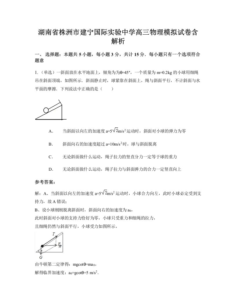 湖南省株洲市建宁国际实验中学高三物理模拟试卷含解析