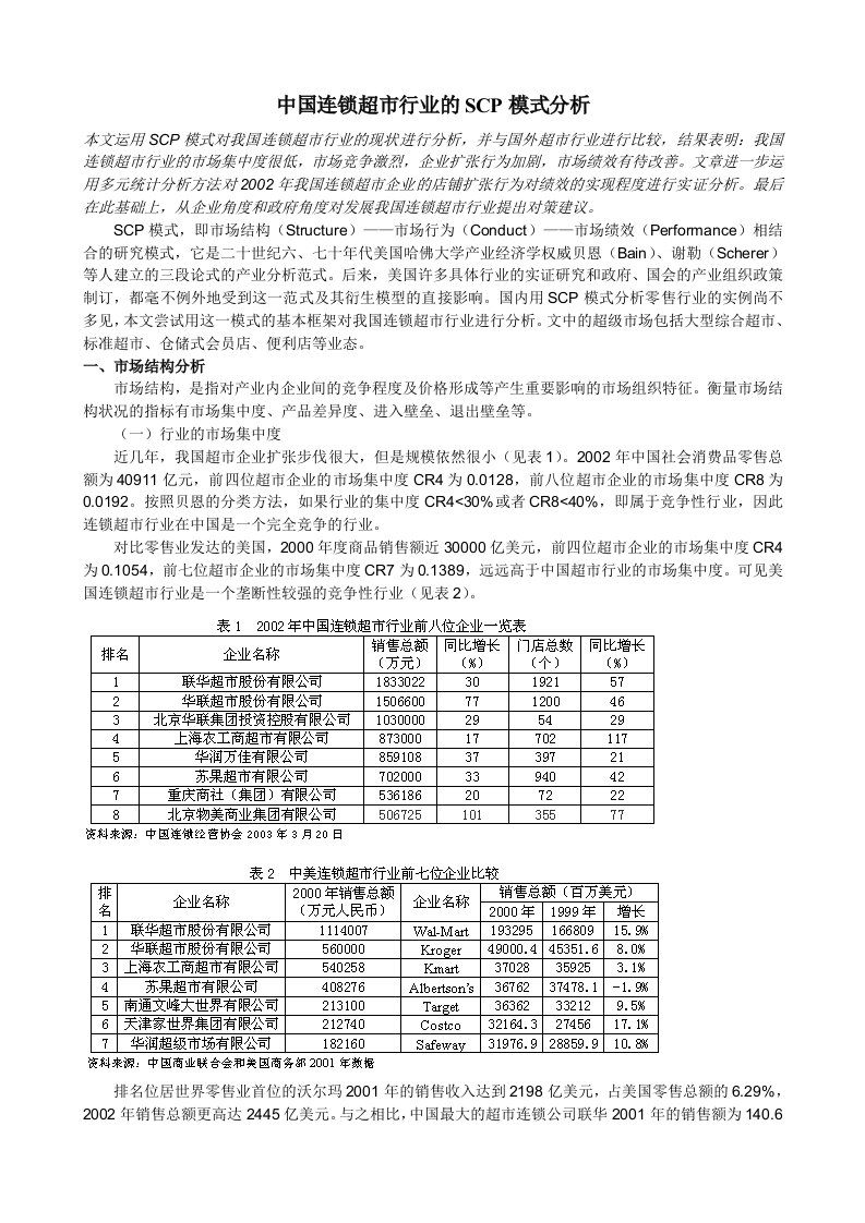 中国连锁超市行业的SCP模式分析