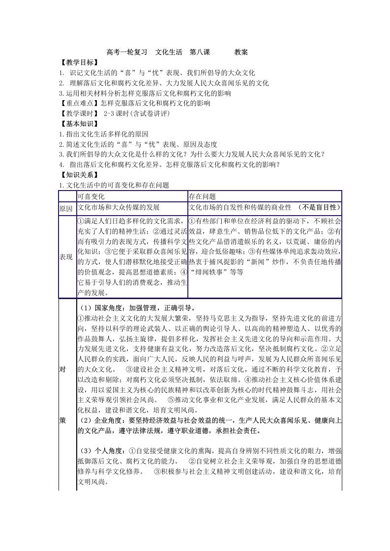 高考一轮复习文化生活第八课教案