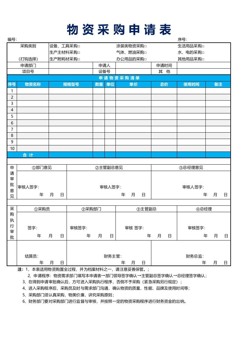 物资采购申请表模板excel