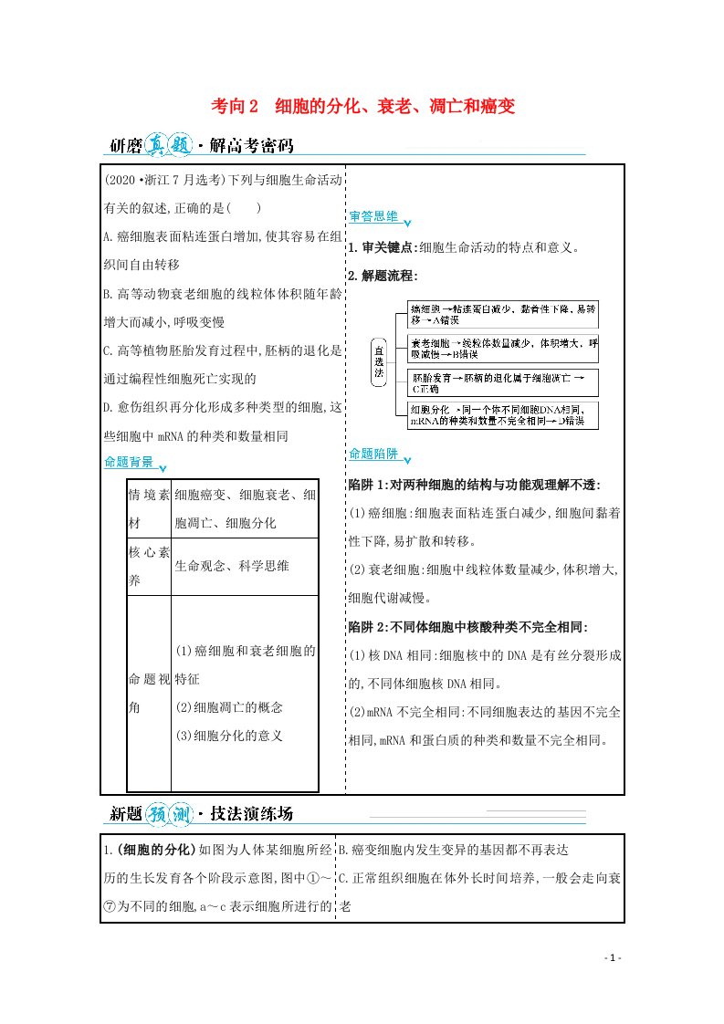 山东专用2021年高考生物二轮复习第一篇专题3考向2细胞的分化衰老凋亡和癌变学案