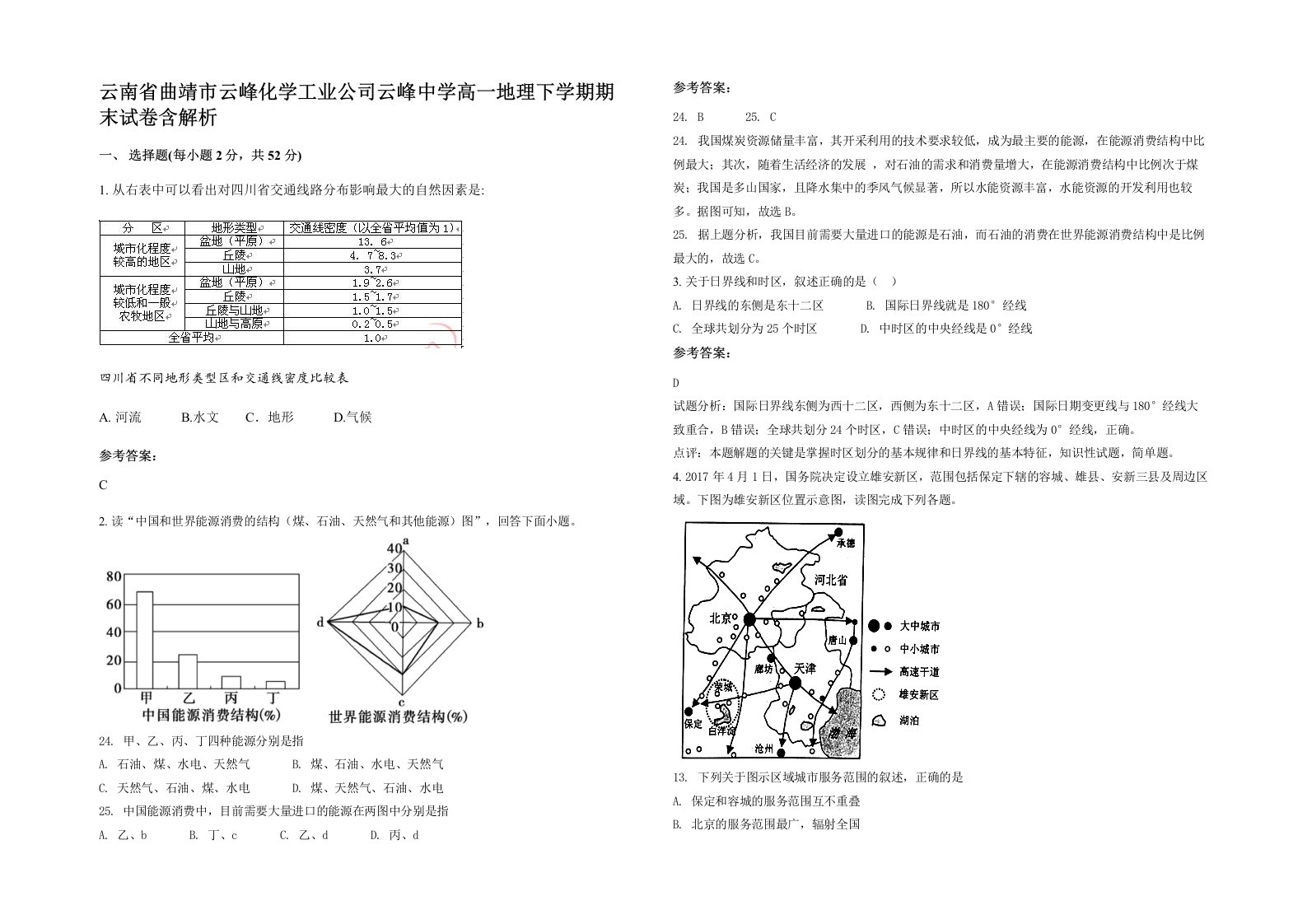 云南省曲靖市云峰化学工业公司云峰中学高一地理下学期期末试卷含解析