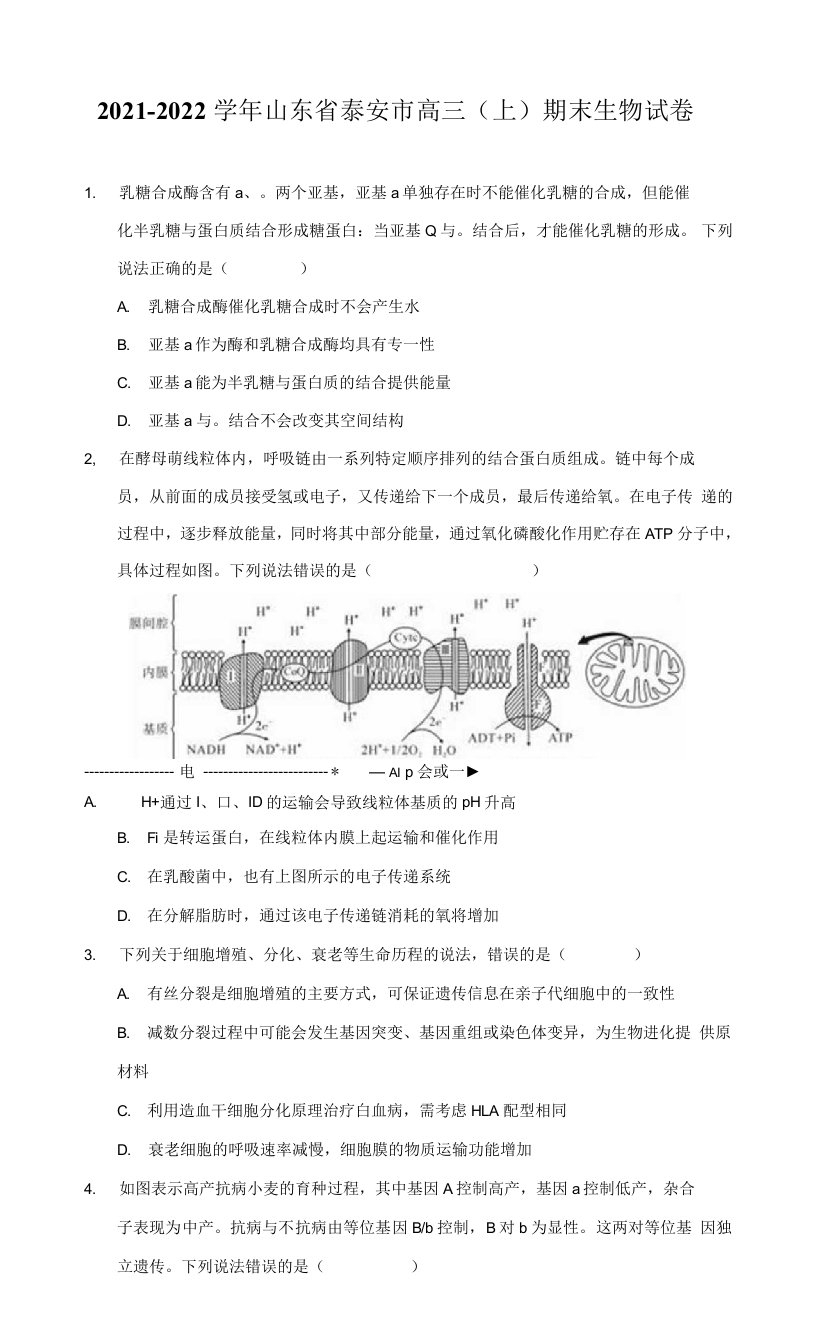 2021-2022学年山东省泰安市高三（上）期末生物试卷（附答案详解）