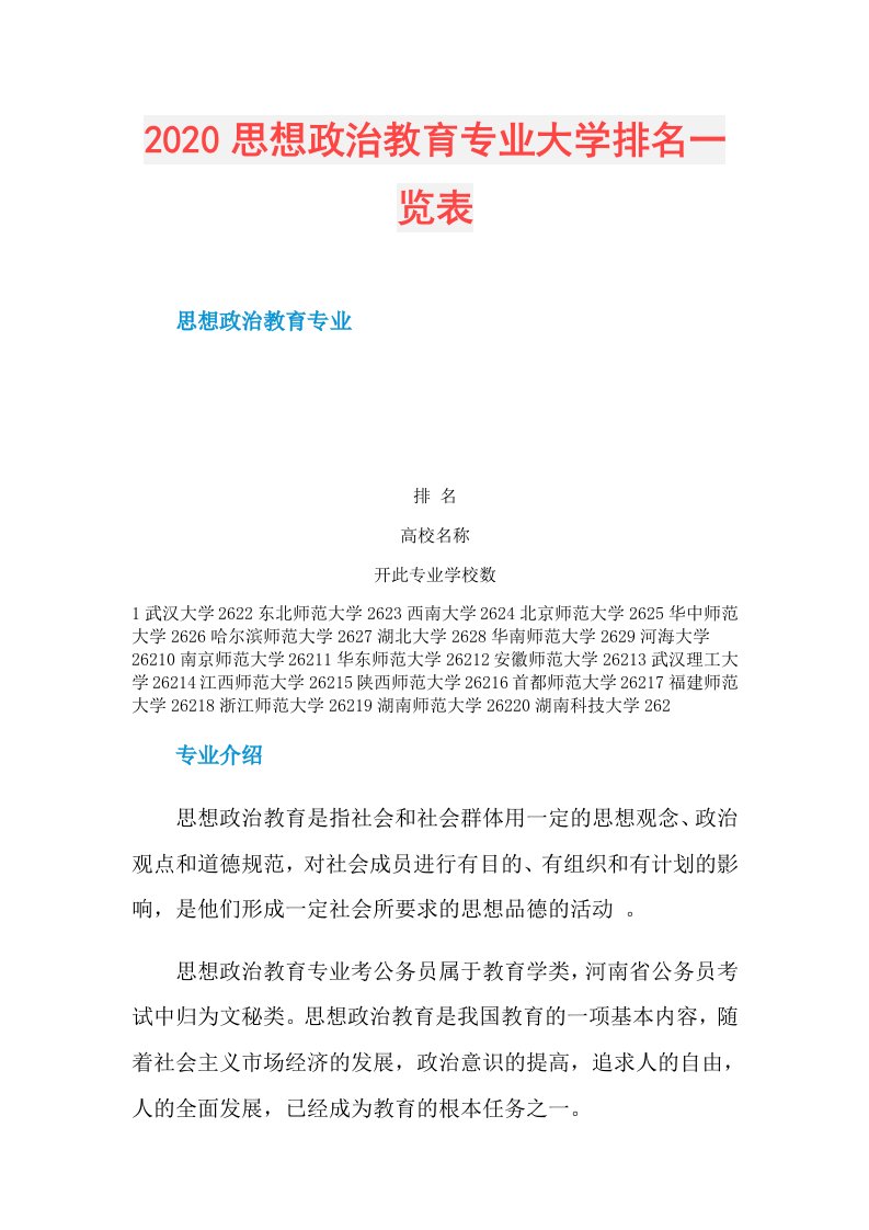 思想政治教育专业大学排名一览表