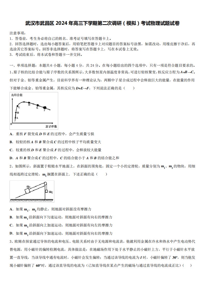 武汉市武昌区2024年高三下学期第二次调研(模拟)考试物理试题试卷4185