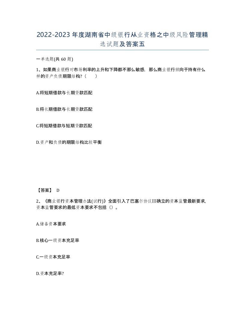 2022-2023年度湖南省中级银行从业资格之中级风险管理试题及答案五