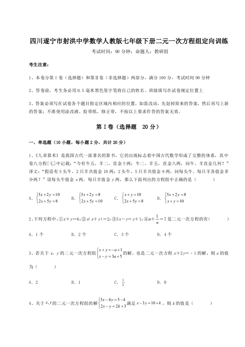 小卷练透四川遂宁市射洪中学数学人教版七年级下册二元一次方程组定向训练试题（解析版）