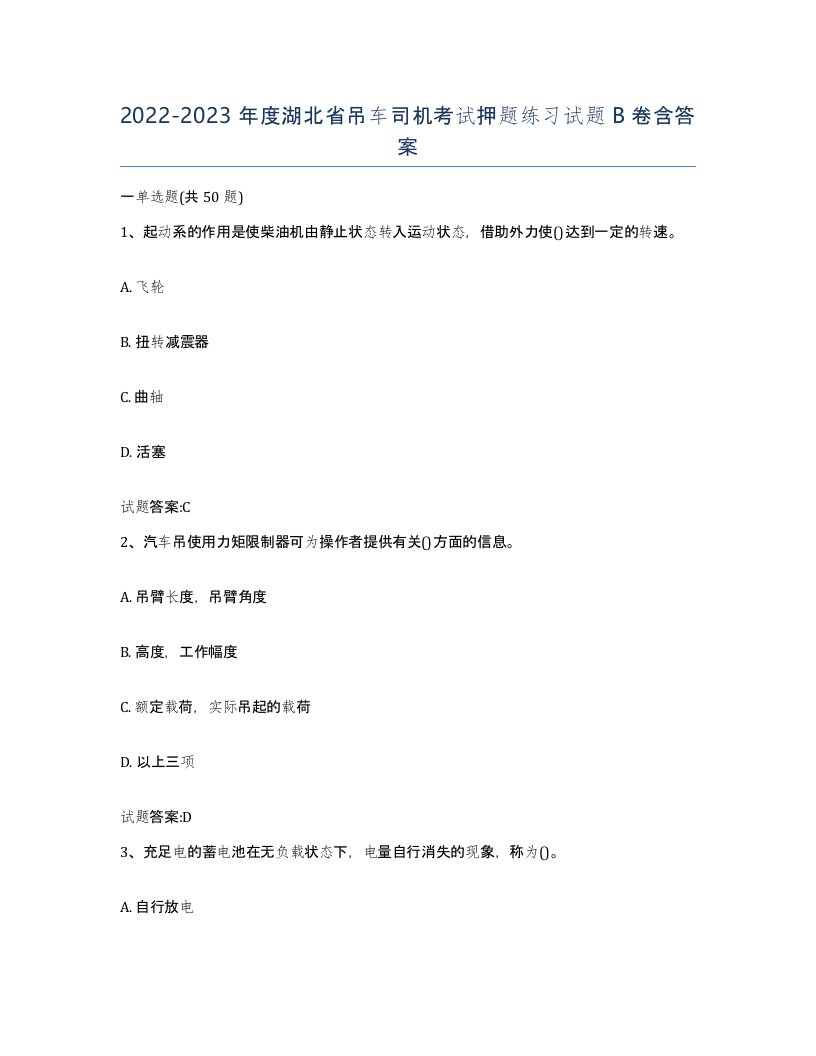 20222023年度湖北省吊车司机考试押题练习试题B卷含答案