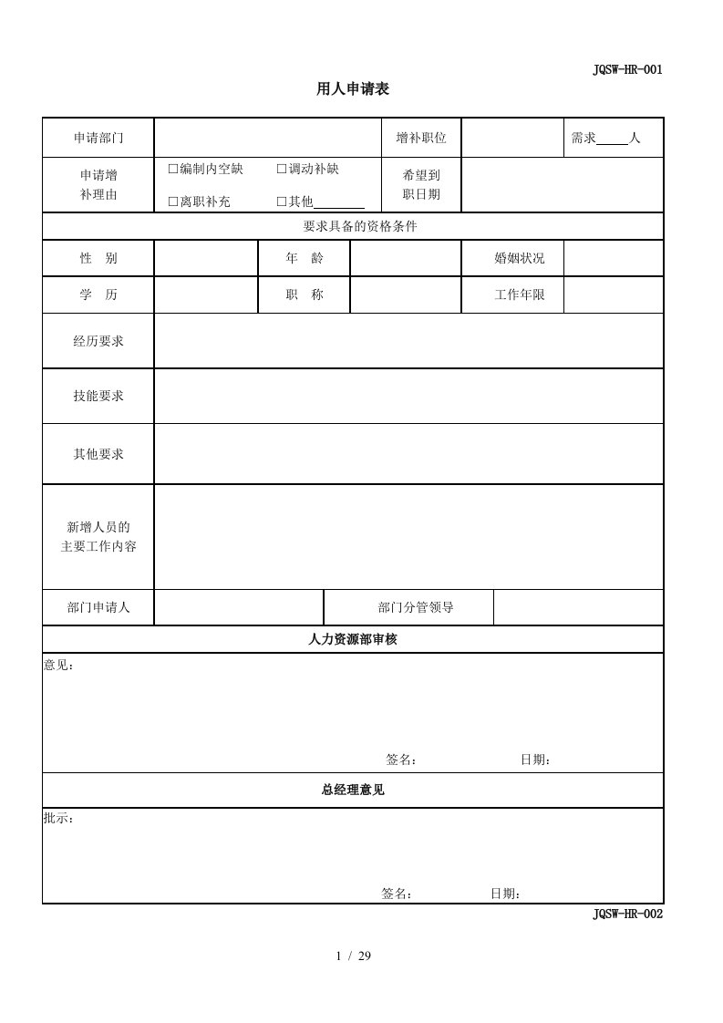 人力资源部常用表格