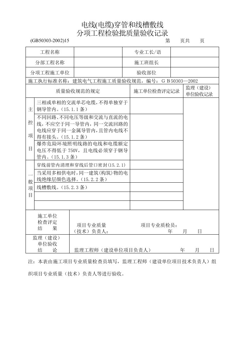 电线电缆导管与线槽敷设检验记录