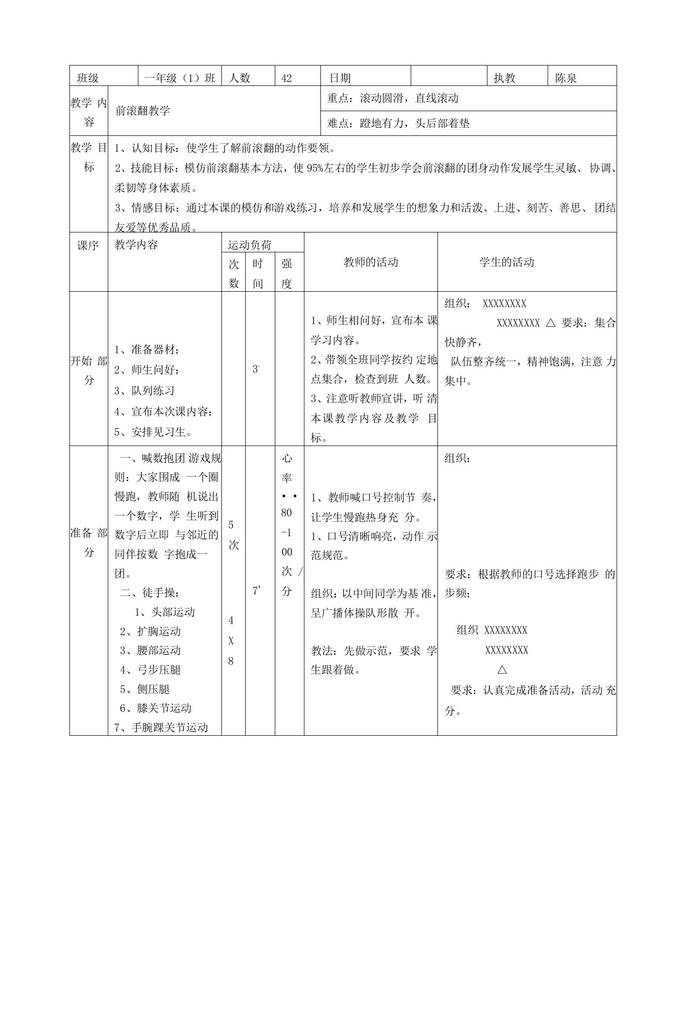 小学体育与健康人教1～2年级全一册第三部分体育运动技能一年级前滚翻教案