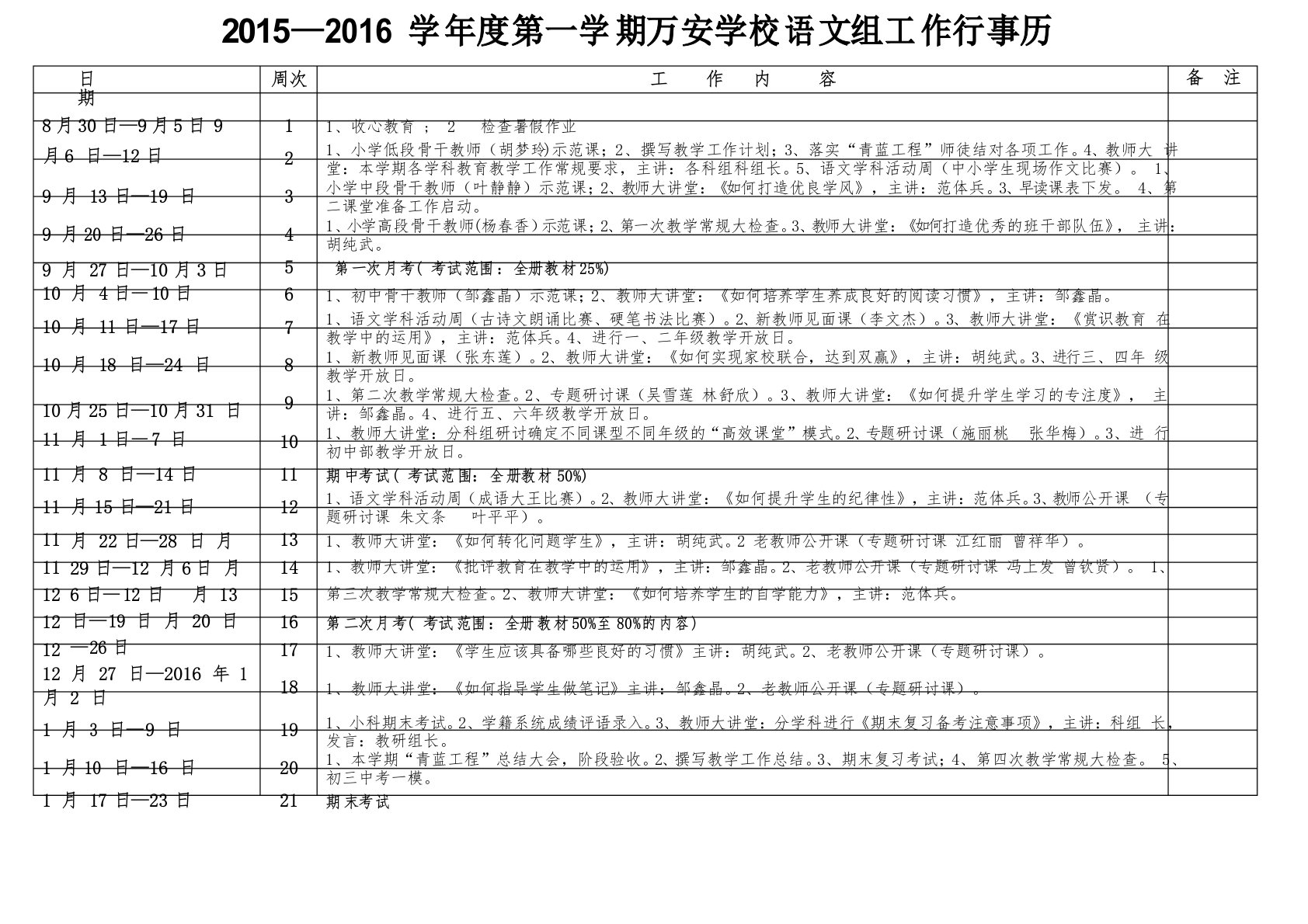 2015—2016第一学期万安学校语文组行事历