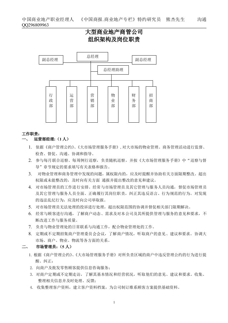 超10万㎡商管公司组织架构及岗位